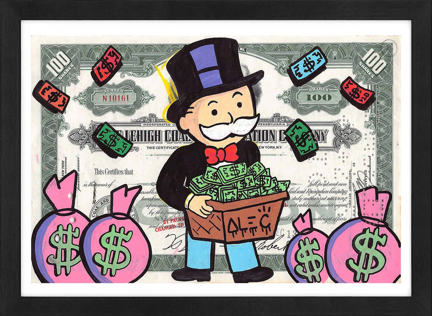 Monopoly holding $box with pink $ bags by Alec Monopoly Alec Monopoly