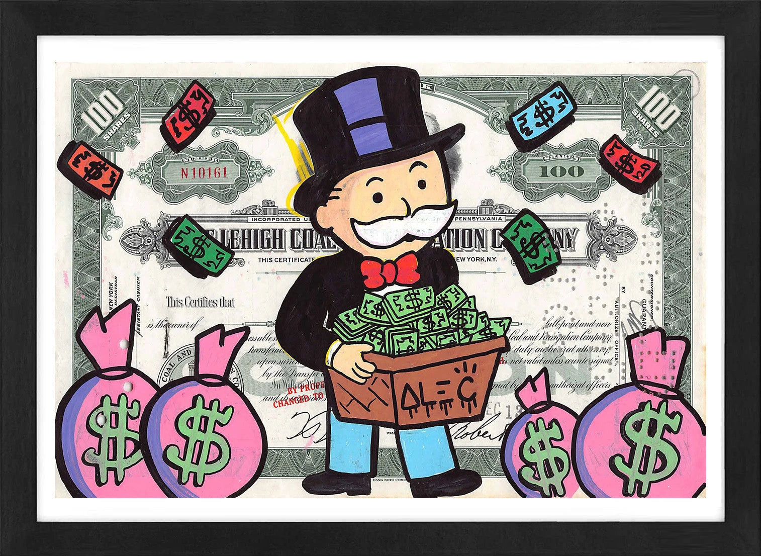 Monopoly holding $box with pink $ bags by Alec Monopoly Alec Monopoly